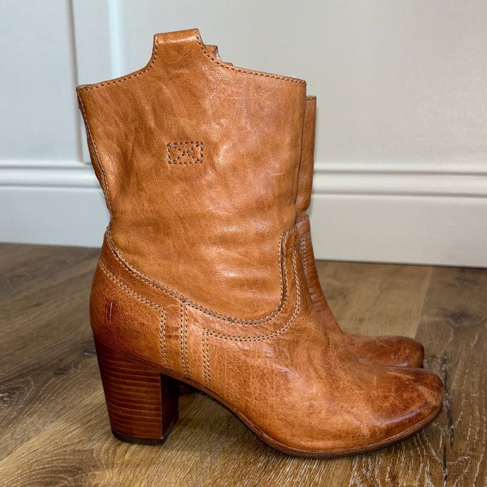 Frye Cognac Leather Mid-Calf Western Heel Boots